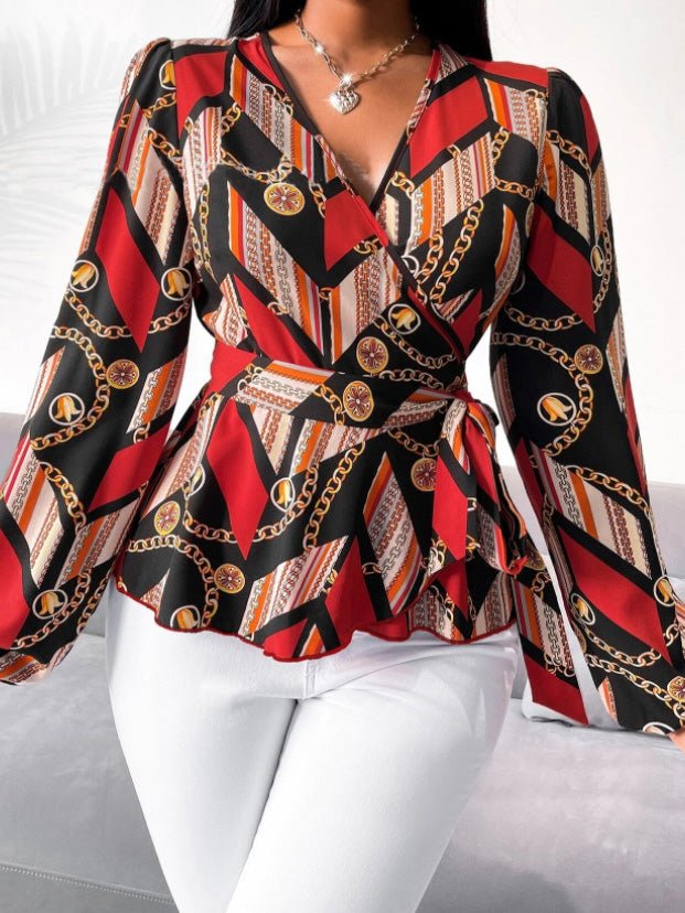 Women's Blouses V-Neck Chain Print Tie Long Sleeve Blouse - LuckyFash™