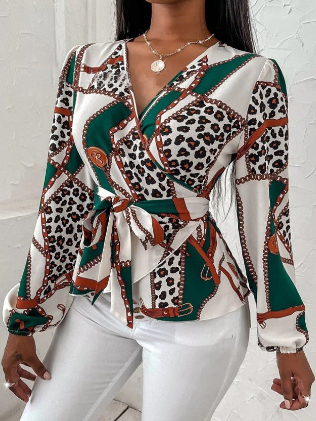 Women's Blouses V-Neck Chain Print Tie Long Sleeve Blouse - LuckyFash™