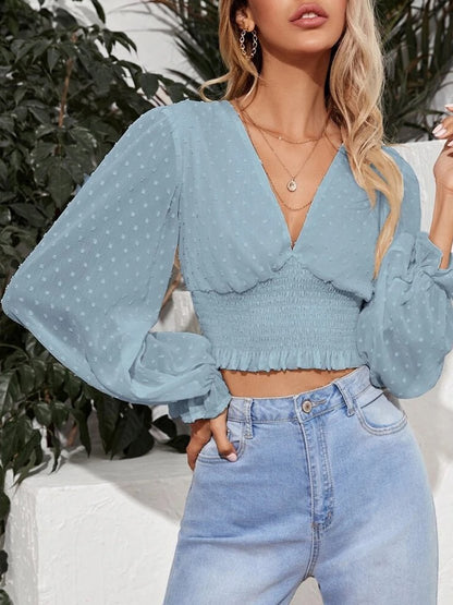 Blouses V-Neck Dots Long Sleeve Chiffon Blouses - LuckyFash™