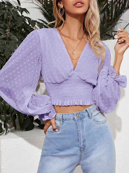 Blouses V-Neck Dots Long Sleeve Chiffon Blouses - LuckyFash™