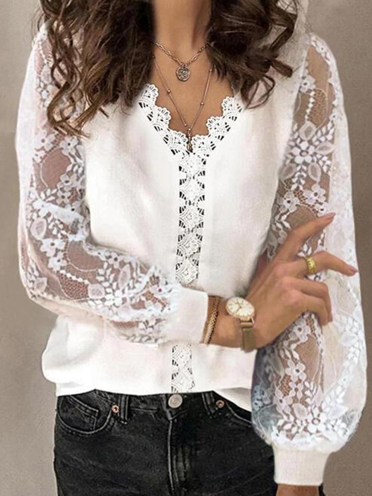 Women's Blouses V-Neck Hollow Lace Long Sleeves Blouse - LuckyFash™