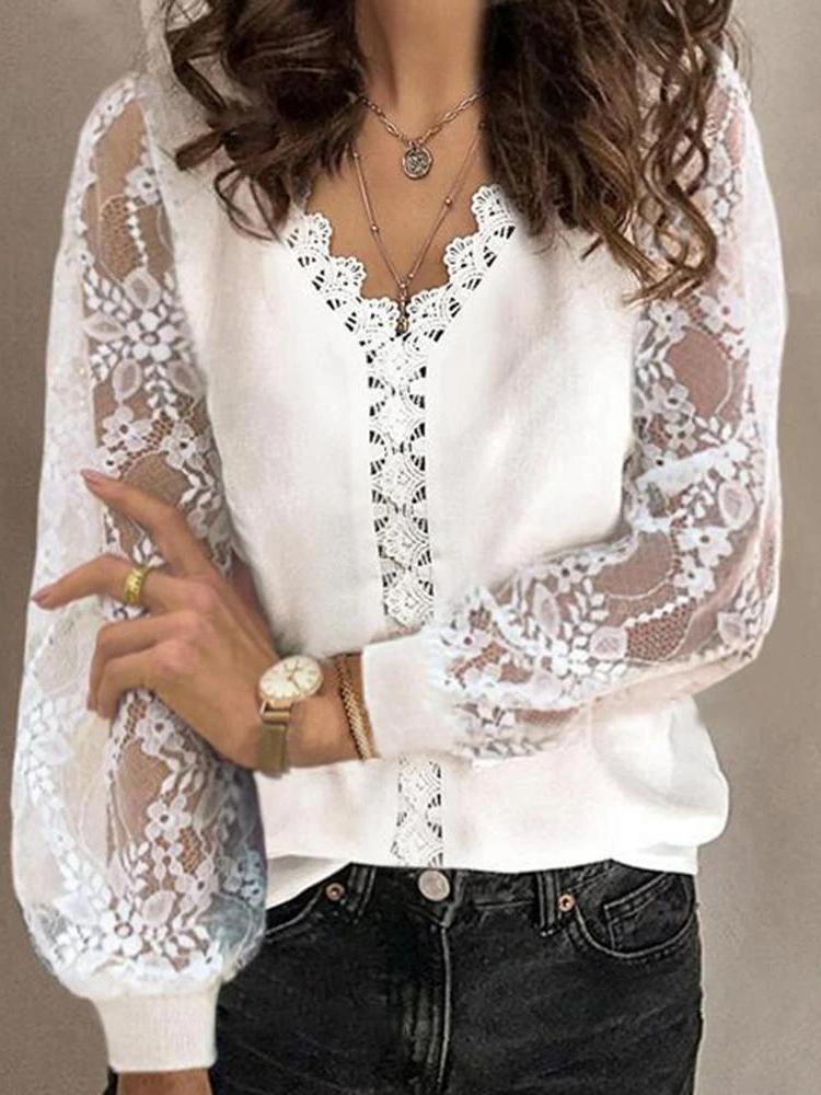 Women's Blouses V-Neck Hollow Lace Long Sleeves Blouse - LuckyFash™