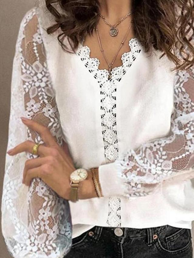 Women's Blouses V-Neck Hollow Lace Long Sleeves Blouse - LuckyFash™