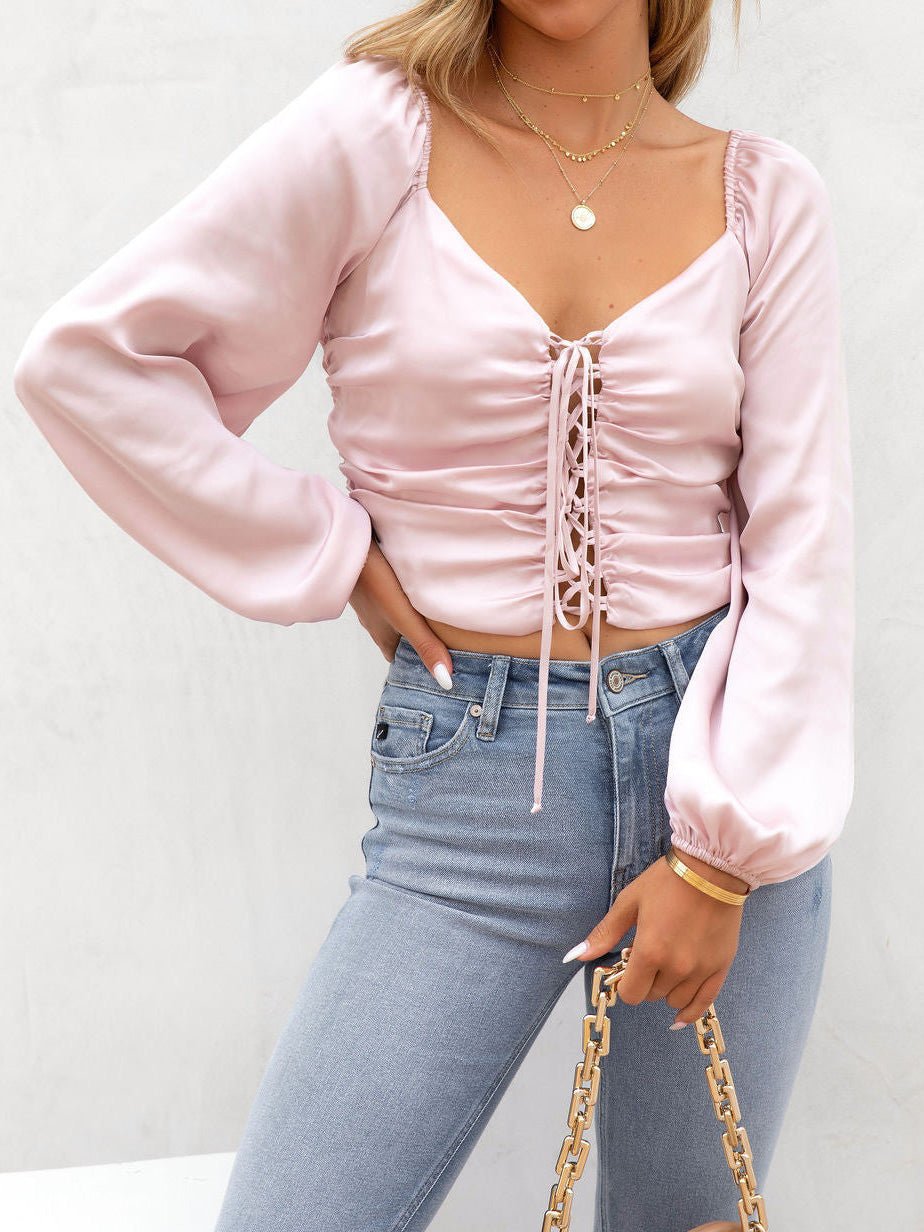 Women's Blouses V-Neck Hollow Tie Long Sleeve Blouse - LuckyFash™