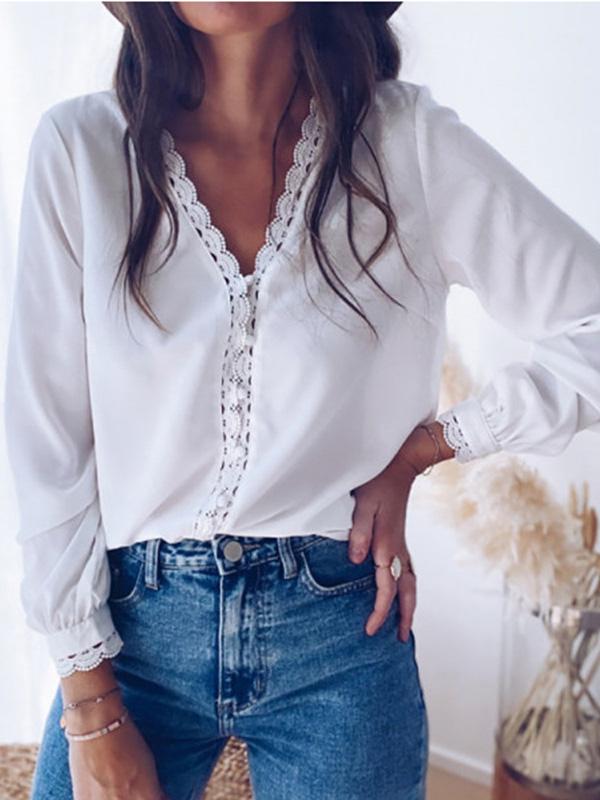 Women's Blouses V-Neck Lace Buttons Long Sleeves Blouse - LuckyFash™