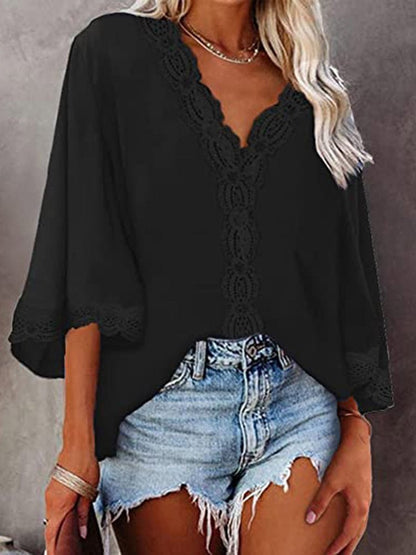 Women's Blouses V-Neck Lace Flare Sleeve Blouse - LuckyFash™