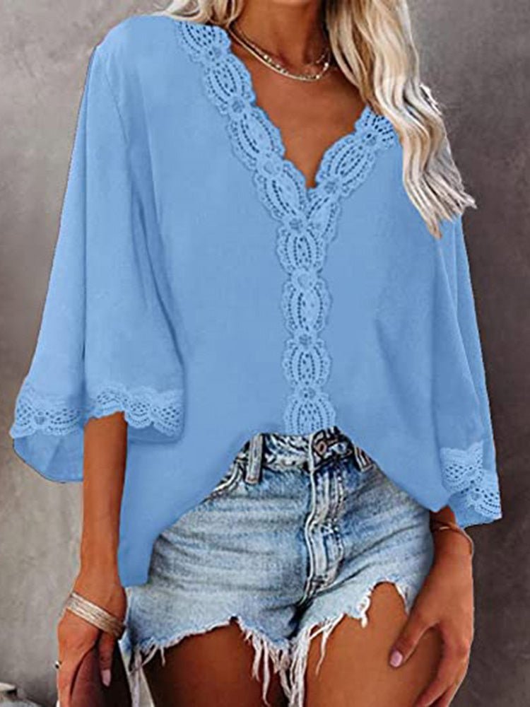 Women's Blouses V-Neck Lace Flare Sleeve Blouse - LuckyFash™