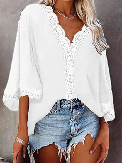 Women's Blouses V-Neck Lace Flare Sleeve Blouse - LuckyFash™