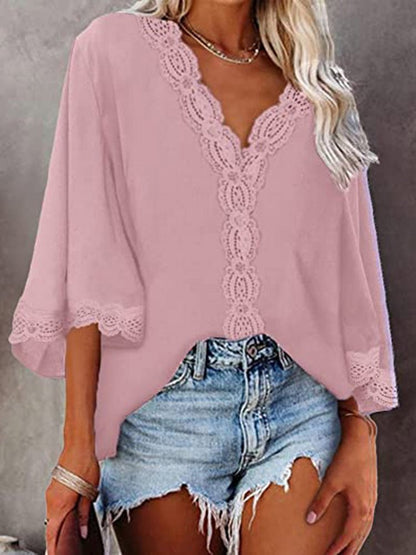 Women's Blouses V-Neck Lace Flare Sleeve Blouse - LuckyFash™