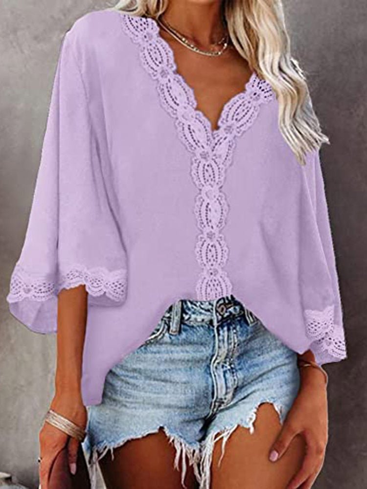 Women's Blouses V-Neck Lace Flare Sleeve Blouse - LuckyFash™