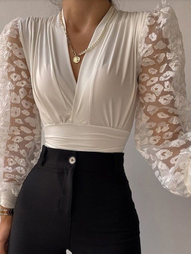 Women's Blouses V-Neck Lace Panel Long Sleeve Blouse - LuckyFash™