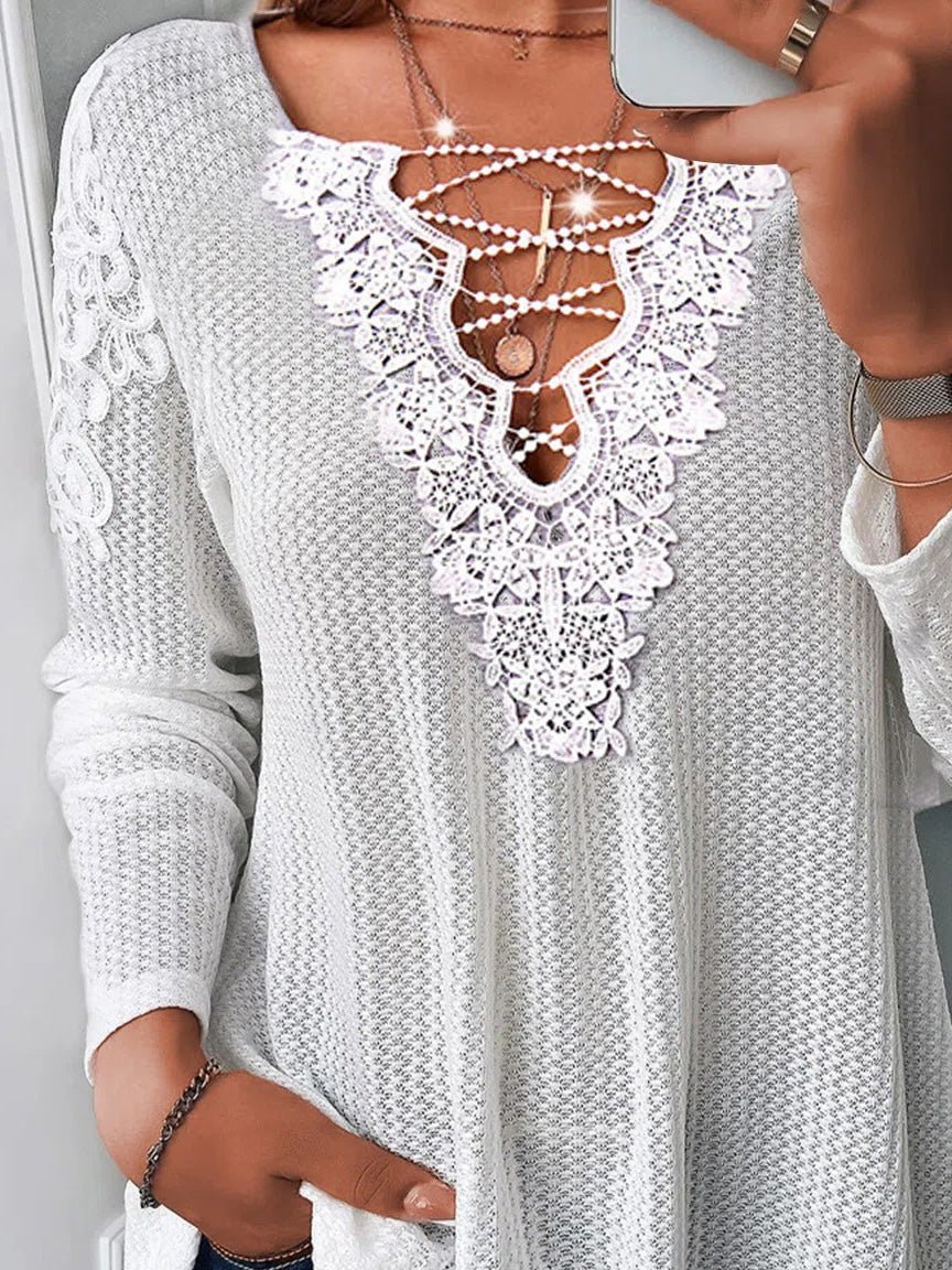 Women's Blouses V-Neck Lace Stitching Long Sleeve Blouse - LuckyFash™