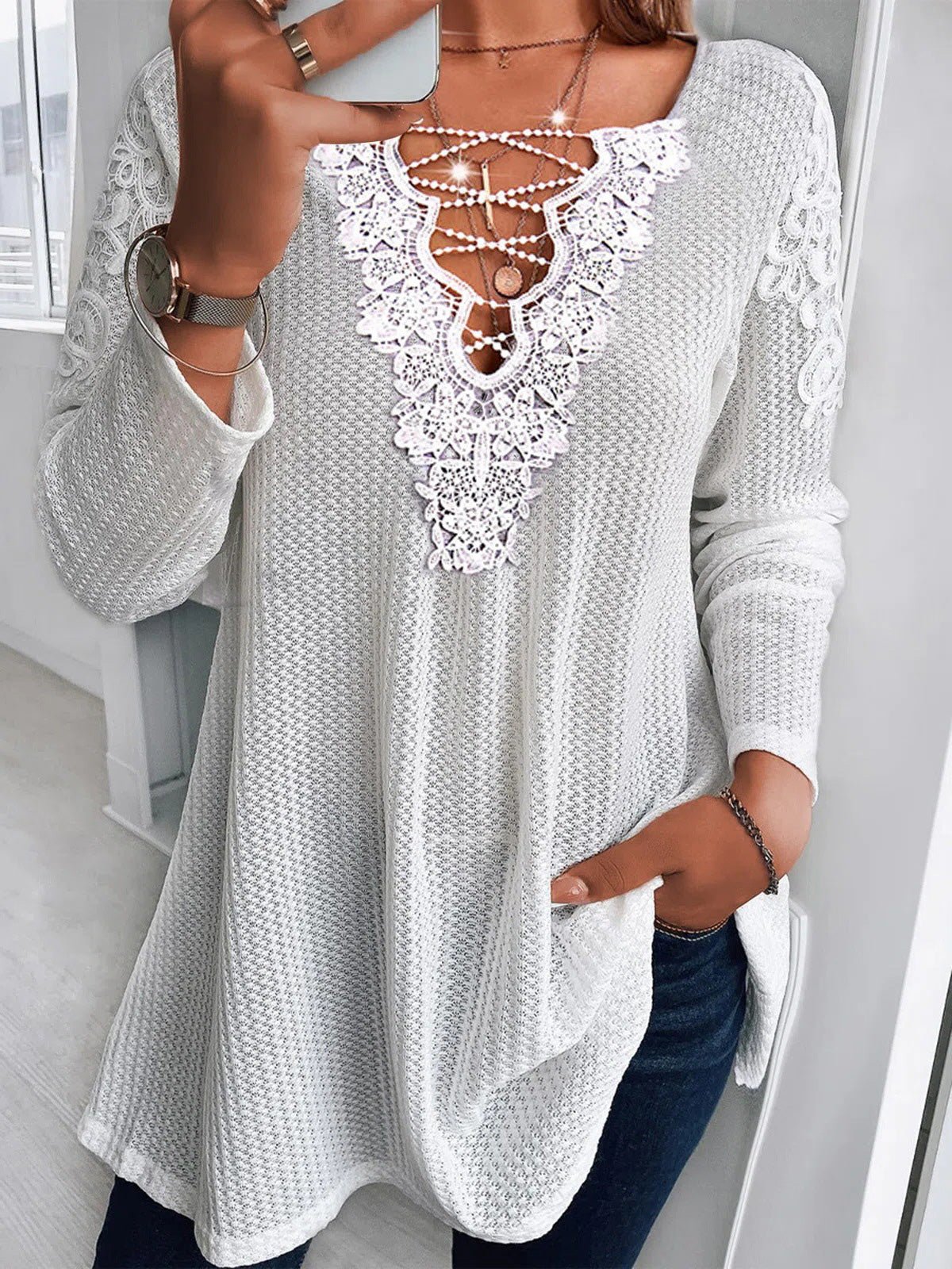 Women's Blouses V-Neck Lace Stitching Long Sleeve Blouse - LuckyFash™