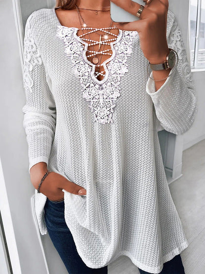 Women's Blouses V-Neck Lace Stitching Long Sleeve Blouse - LuckyFash™