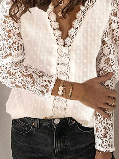 Blouses V-Neck Long Sleeve Chiffon Jacquard Lace Blouses - LuckyFash™