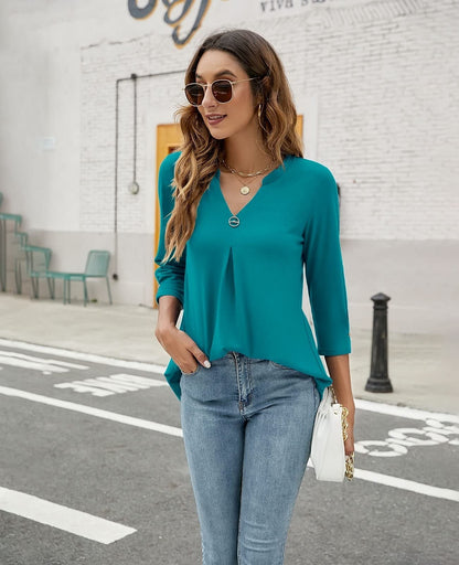 Blouses V Neck Mid Sleeve Casual Loose Blouse - LuckyFash™