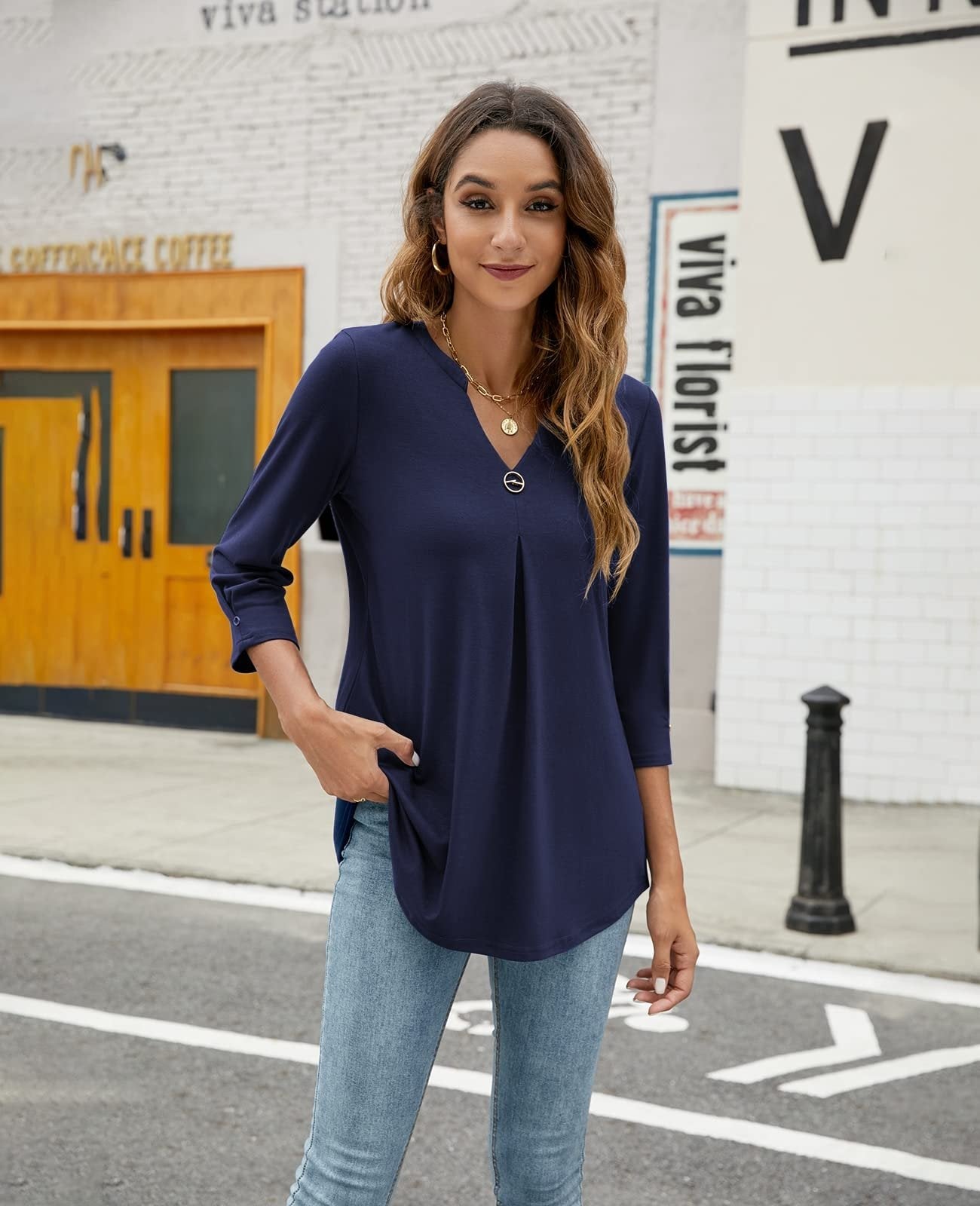 Blouses V Neck Mid Sleeve Casual Loose Blouse - LuckyFash™