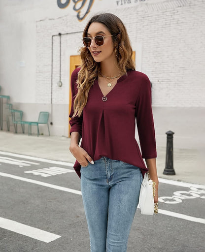 Blouses V Neck Mid Sleeve Casual Loose Blouse - LuckyFash™