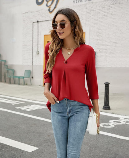 Blouses V Neck Mid Sleeve Casual Loose Blouse - LuckyFash™