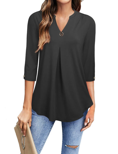 Blouses V Neck Mid Sleeve Casual Loose Blouse - LuckyFash™