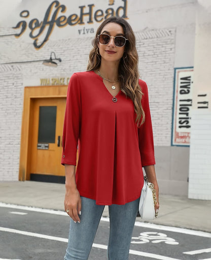 Blouses V Neck Mid Sleeve Casual Loose Blouse - LuckyFash™