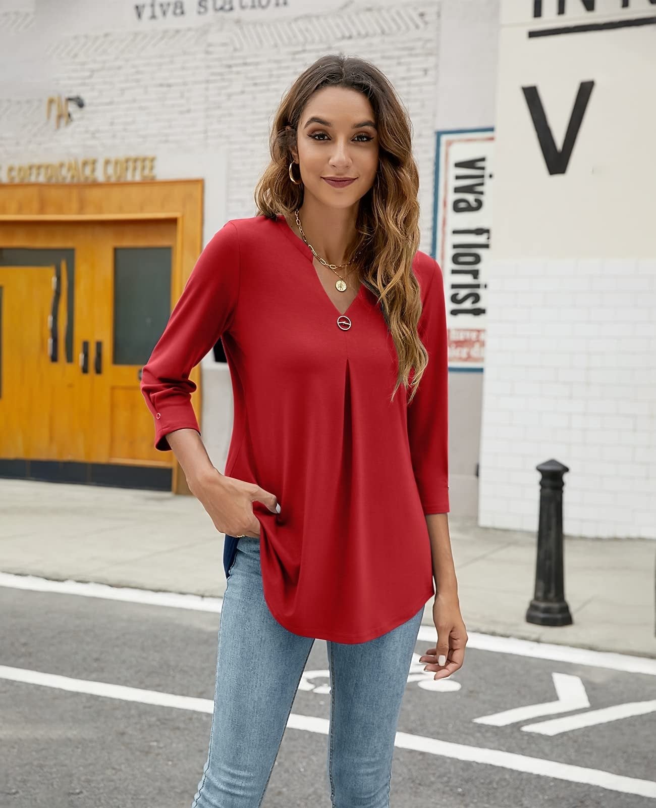 Blouses V Neck Mid Sleeve Casual Loose Blouse - LuckyFash™