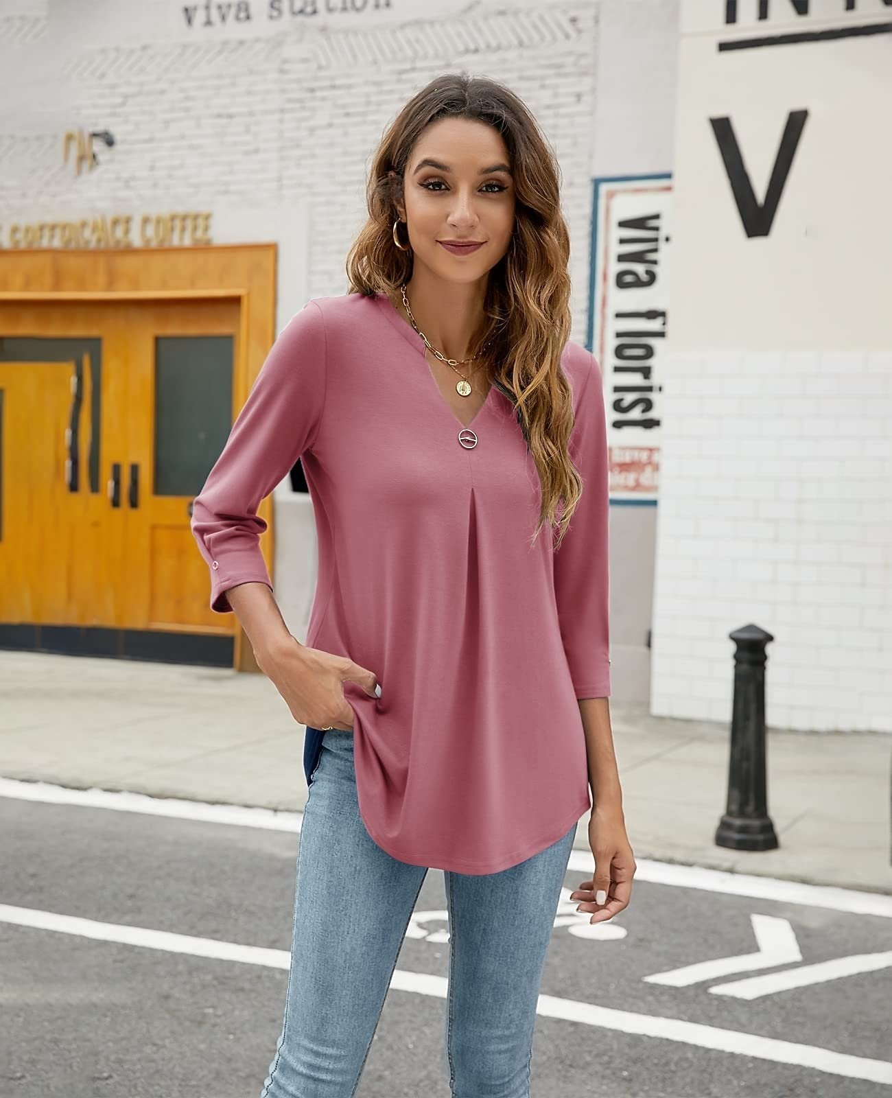 Blouses V Neck Mid Sleeve Casual Loose Blouse - LuckyFash™