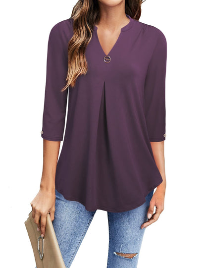 Blouses V Neck Mid Sleeve Casual Loose Blouse - LuckyFash™