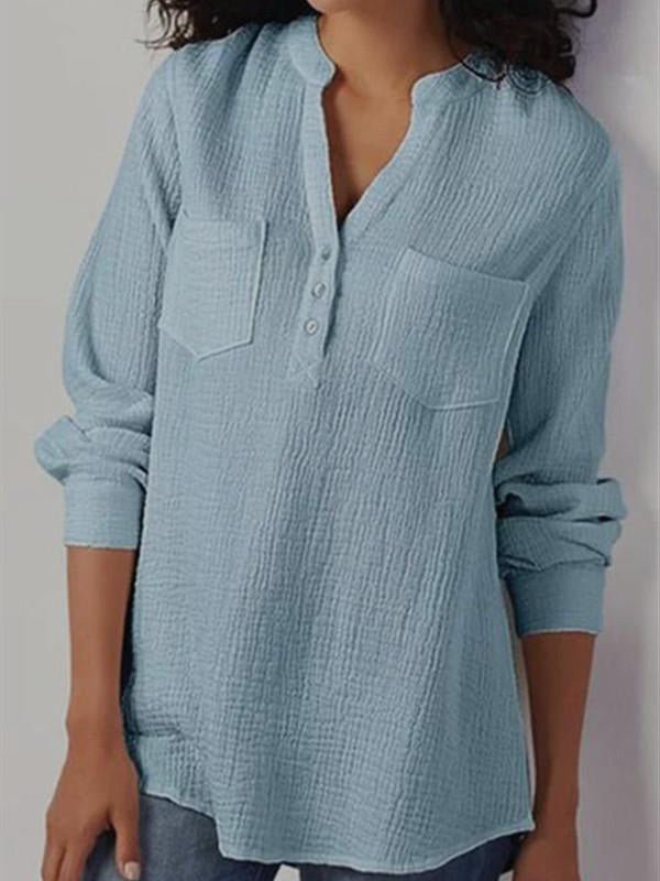 Blouses V-Neck Pocket Long Sleeve Blouse - LuckyFash™