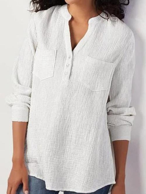 Blouses V-Neck Pocket Long Sleeve Blouse - LuckyFash™