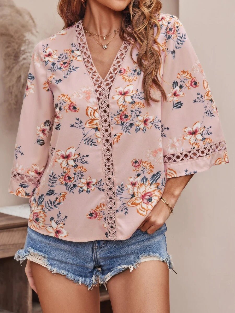 Women's Blouses V-Neck Printed Panel Lace Flare Sleeves Blouse - LuckyFash™