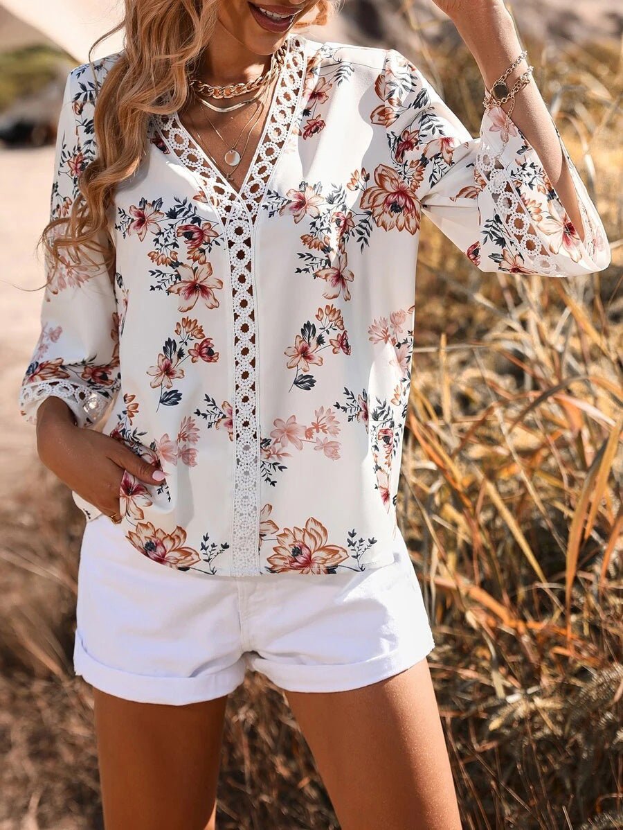 Women's Blouses V-Neck Printed Panel Lace Flare Sleeves Blouse - LuckyFash™