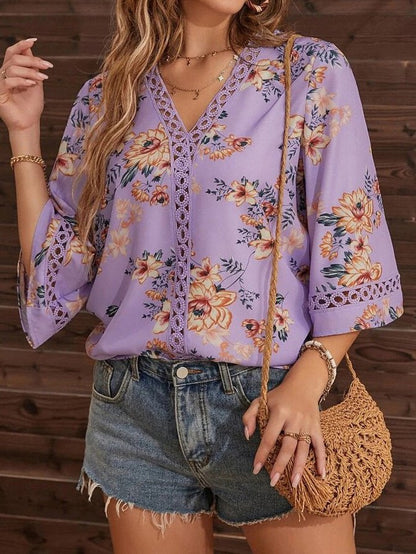 Women's Blouses V-Neck Printed Panel Lace Flare Sleeves Blouse - LuckyFash™