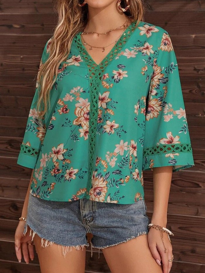 Women's Blouses V-Neck Printed Panel Lace Flare Sleeves Blouse - LuckyFash™