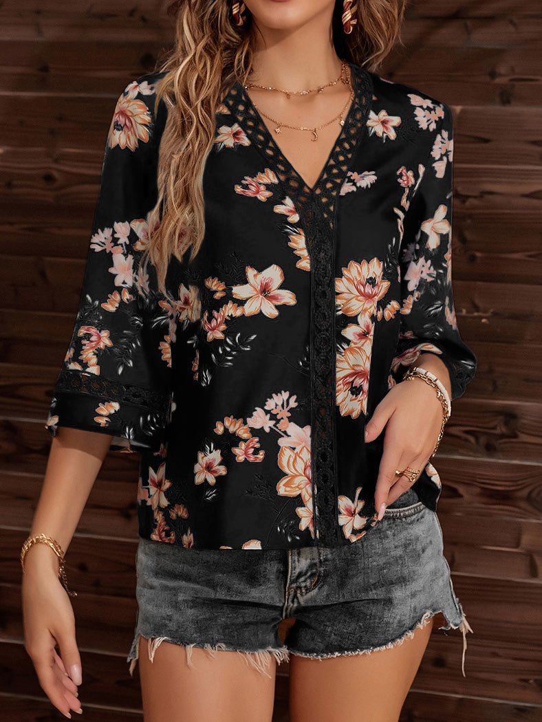 Women's Blouses V-Neck Printed Panel Lace Flare Sleeves Blouse - LuckyFash™