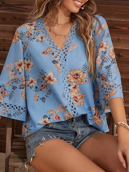 Women's Blouses V-Neck Printed Panel Lace Flare Sleeves Blouse - LuckyFash™