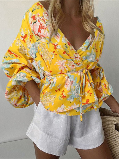 Women's Blouses V-Neck Printed Waist Tie Long Sleeve Blouse - LuckyFash™