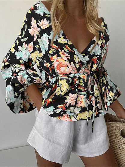 Women's Blouses V-Neck Printed Waist Tie Long Sleeve Blouse - LuckyFash™