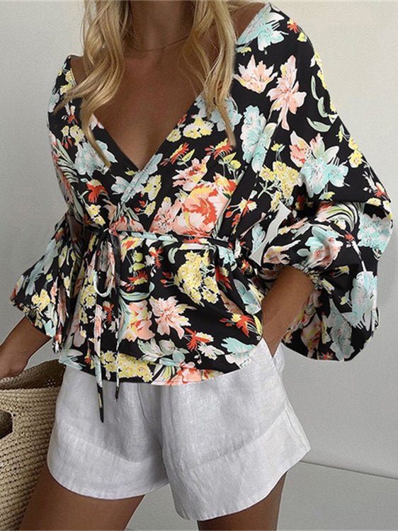 Women's Blouses V-Neck Printed Waist Tie Long Sleeve Blouse - LuckyFash™