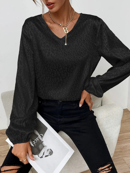 Blouses V-Neck Pullover Leopard Print Long Sleeve Blouse - LuckyFash™