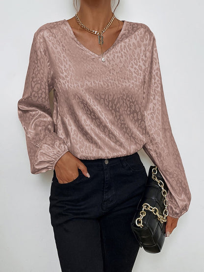 Blouses V-Neck Pullover Leopard Print Long Sleeve Blouse - LuckyFash™