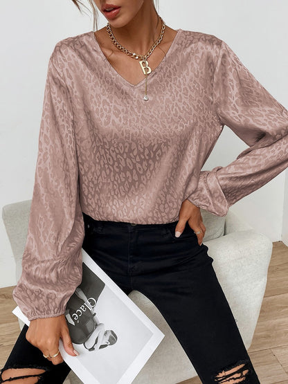 Blouses V-Neck Pullover Leopard Print Long Sleeve Blouse - LuckyFash™