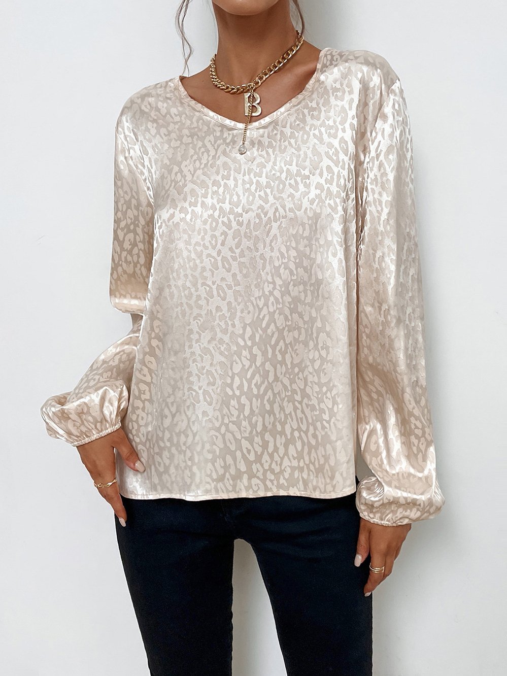 Blouses V-Neck Pullover Leopard Print Long Sleeve Blouse - LuckyFash™