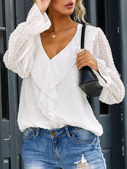 Women's Blouses V-Neck Ruffle Lantern Sleeve Commuter Chiffon Blouses - LuckyFash™