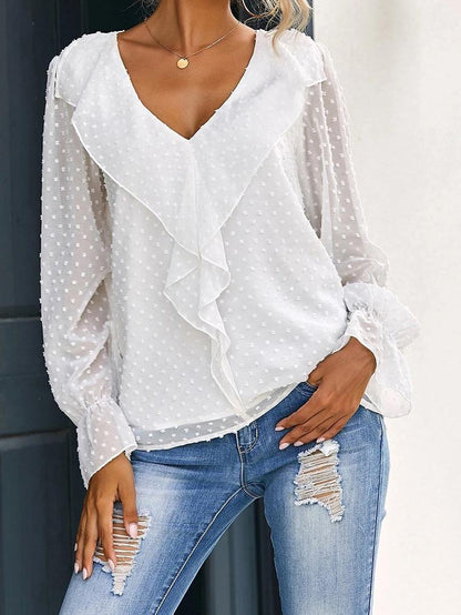 Women's Blouses V-Neck Ruffle Lantern Sleeve Commuter Chiffon Blouses - LuckyFash™