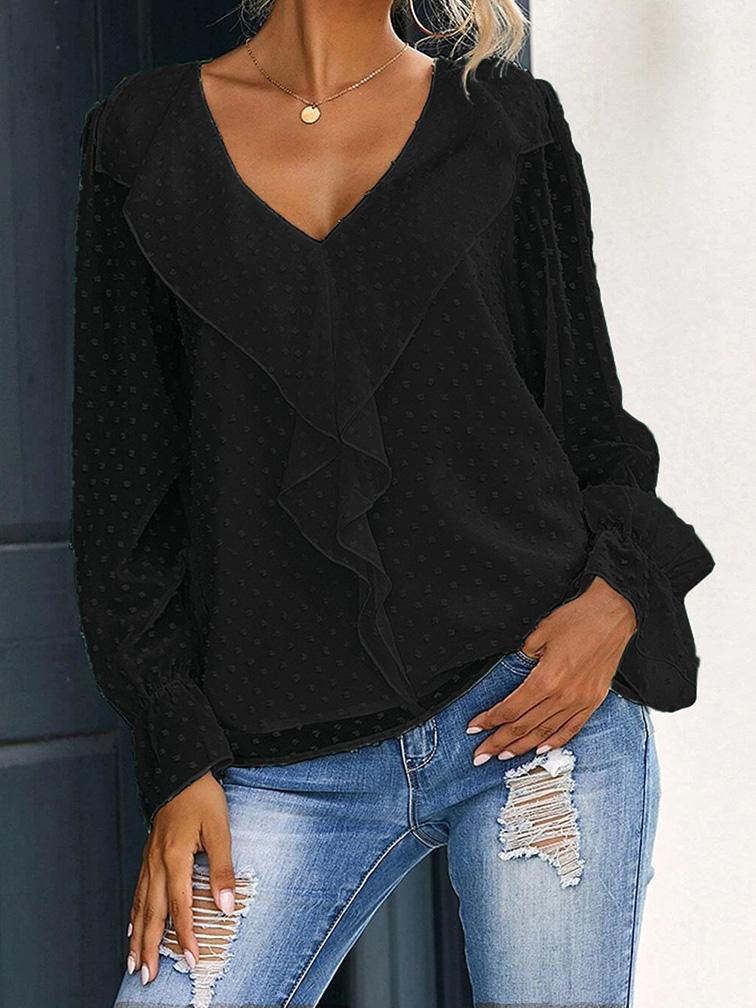 Women's Blouses V-Neck Ruffle Lantern Sleeve Commuter Chiffon Blouses - LuckyFash™