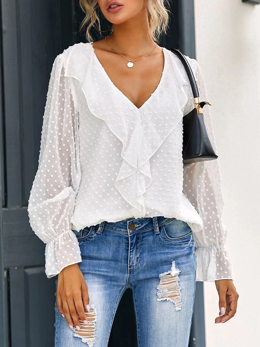 Women's Blouses V-Neck Ruffle Lantern Sleeve Commuter Chiffon Blouses - LuckyFash™