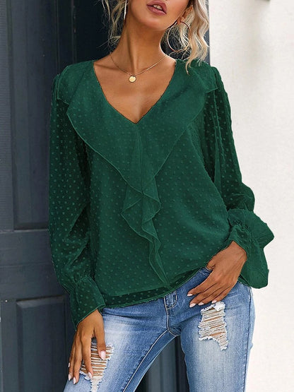 Women's Blouses V-Neck Ruffle Lantern Sleeve Commuter Chiffon Blouses - LuckyFash™