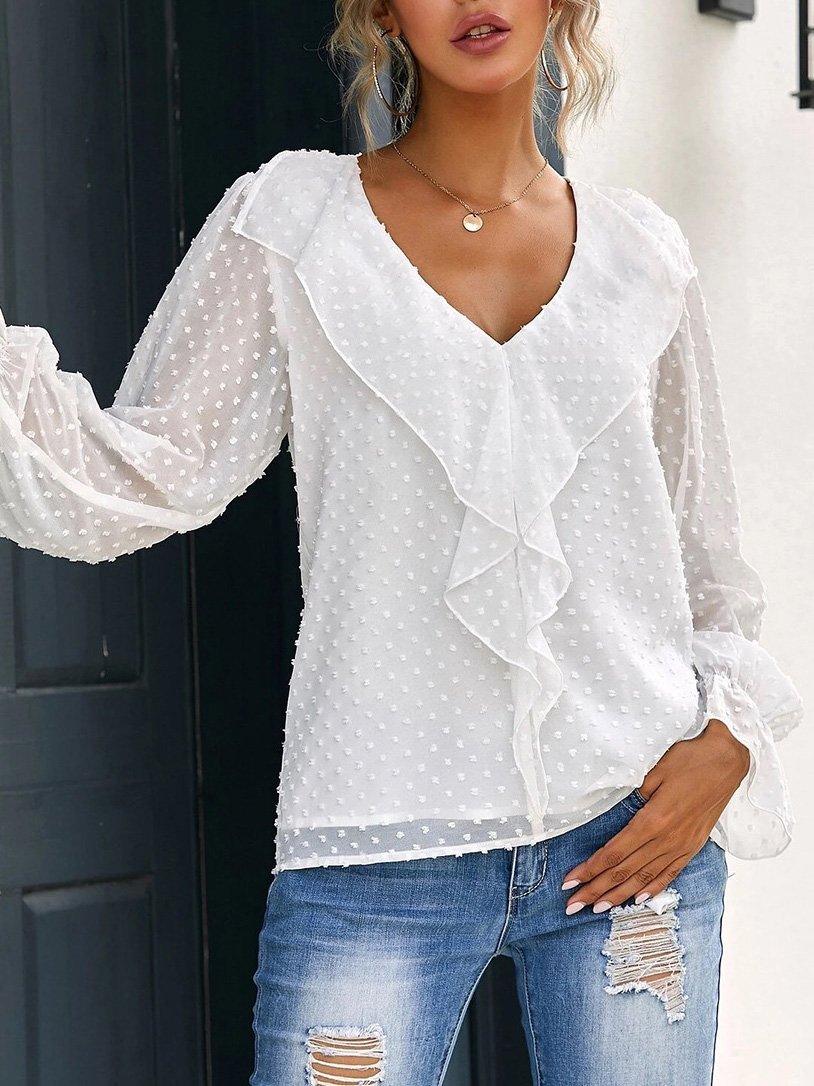 Women's Blouses V-Neck Ruffle Lantern Sleeve Commuter Chiffon Blouses - LuckyFash™