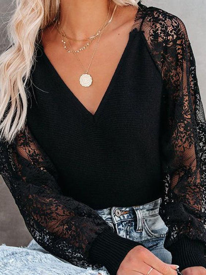 Women's Blouses V-Neck Stitching Lace Long Sleeve Blouses - LuckyFash™